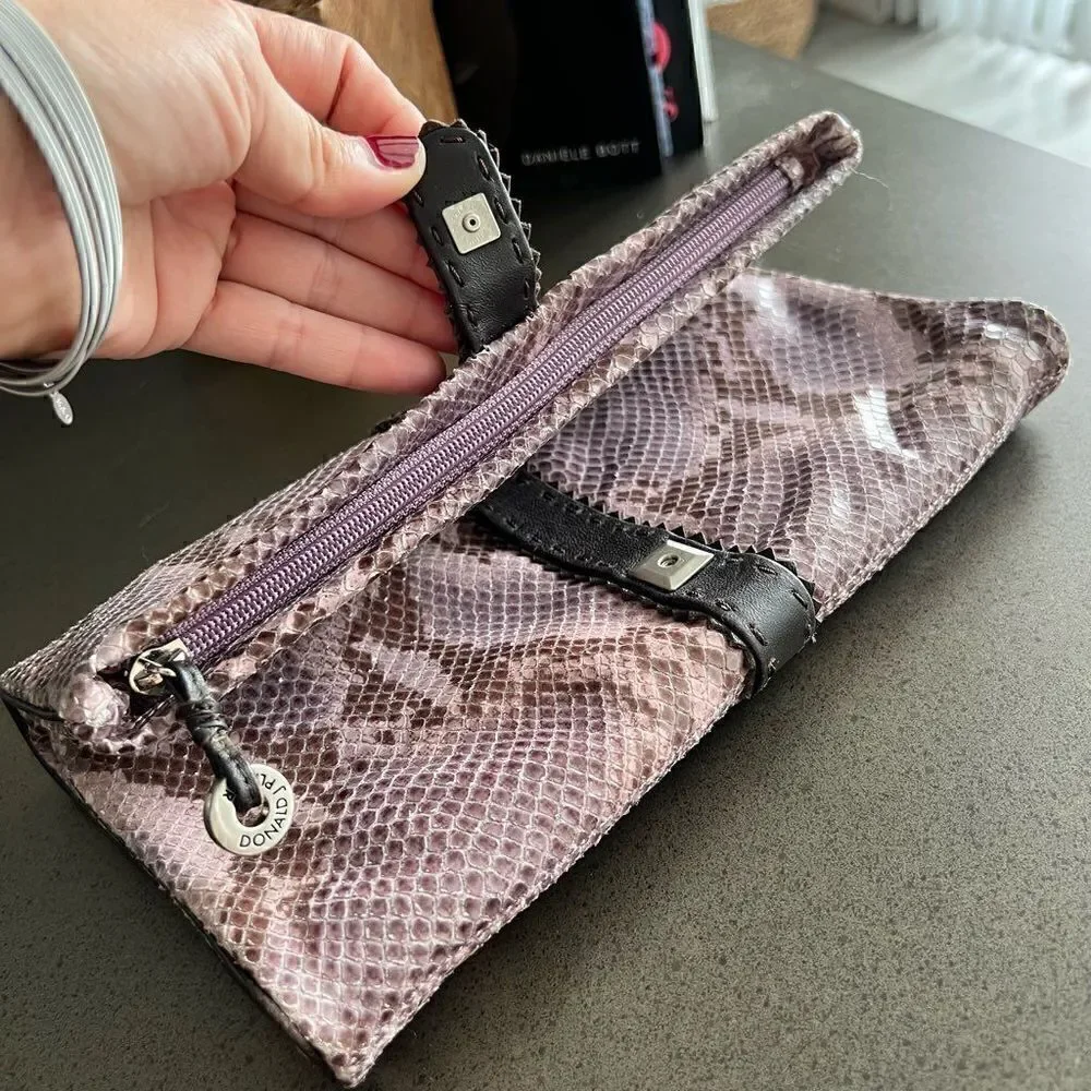 DONALD PLINER  Black Snakeskin Leather Color Brown And Purple  Lined Clutch Purs